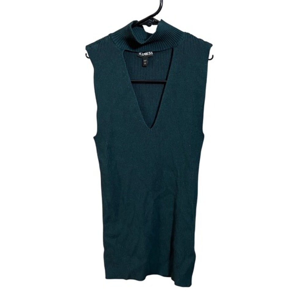 Express Ribbed Knit Top Women Small Green Mock Neck‎ Cutout V-Neck Sleeveless
